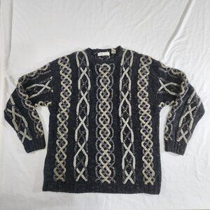 Perry Ellis‎ Sweater Men's XL Gray Vintage Hand Knit 3D Chunky Cable Knitted